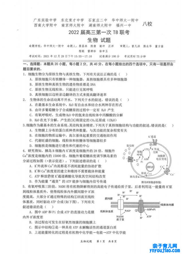 2022年八省联考生物试卷第1页