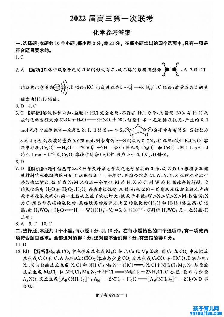 2022年八省联考化学试卷及谜底第1页